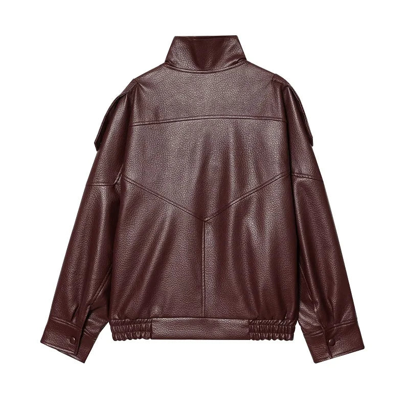 Faux Leather Oversize Bomber Jacket for Women