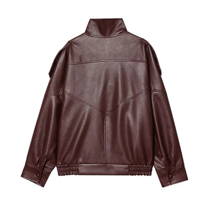 Faux Leather Oversize Bomber Jacket for Women