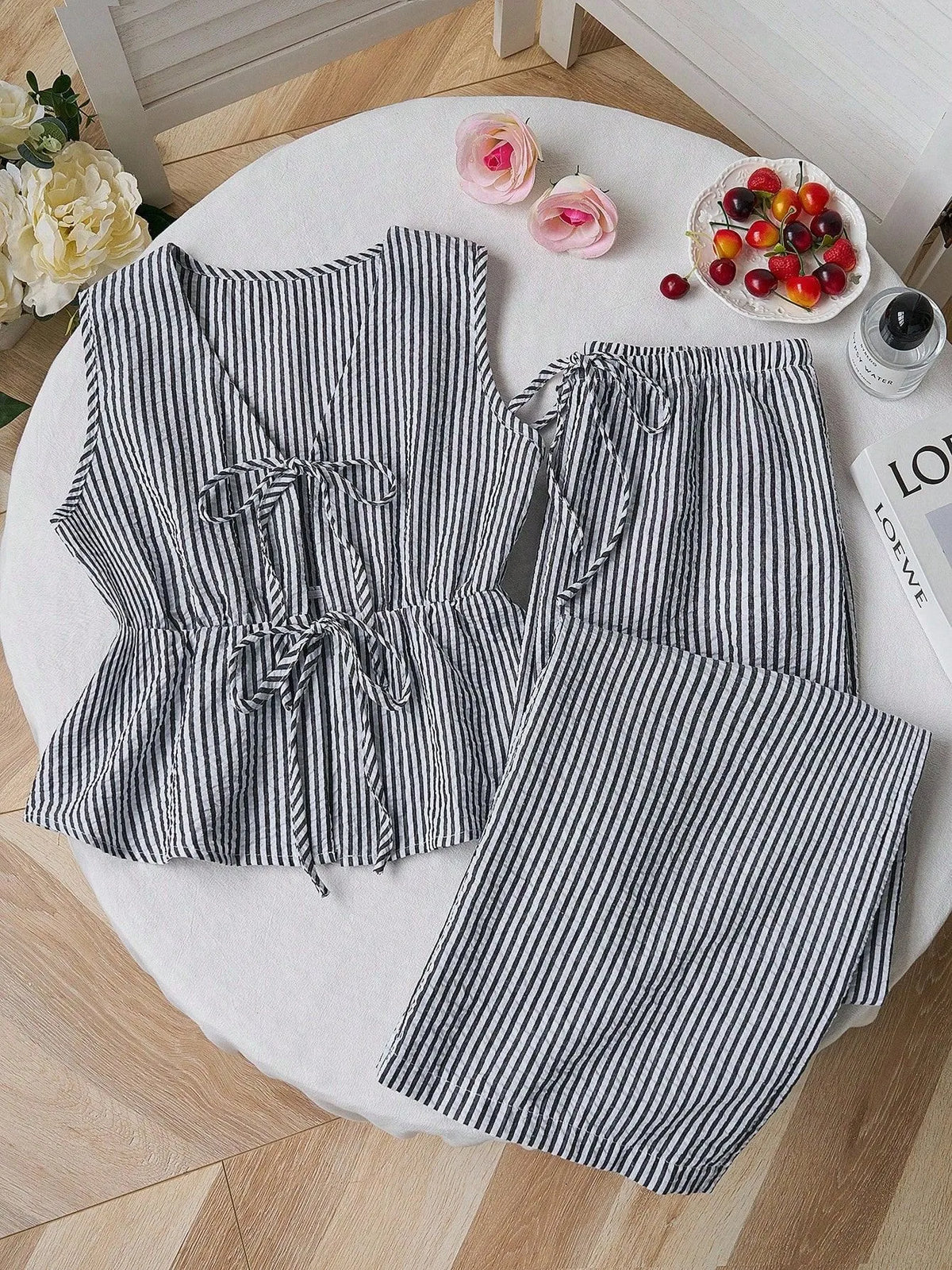 Women Striped V Neck Lace Up Blouse and Wide Leg Pants Set