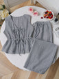 Women Striped V Neck Lace Up Blouse and Wide Leg Pants Set
