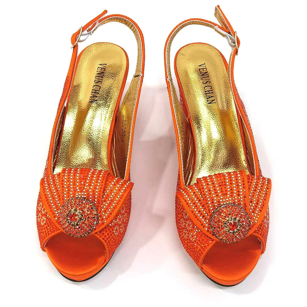 Golden Wedding Shoes And Bag Set With Diamond Decoration