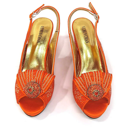 Golden Wedding Shoes And Bag Set With Diamond Decoration