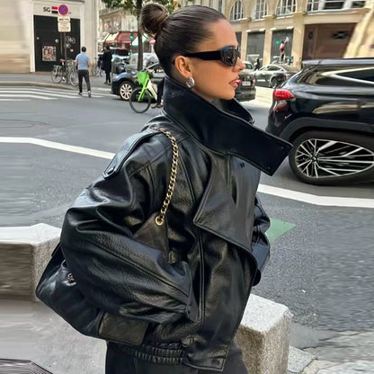 HXAO Black Faux Leather Cropped Bomber Jacket