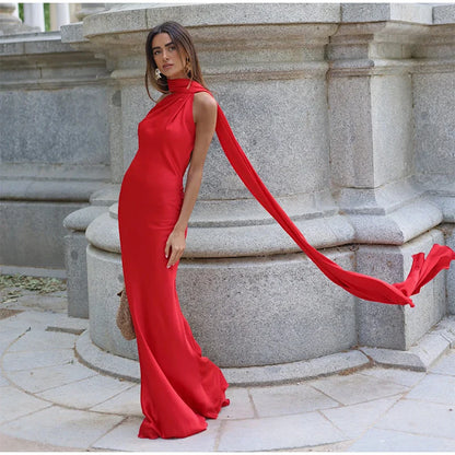 Elegant Halter Dress Women Solid Backless Maxi Dress