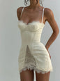Women White Lace Trim Corset Mini Dress