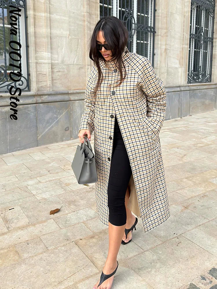 Reversible Plaid Long Trench Coat Women Single Breasted