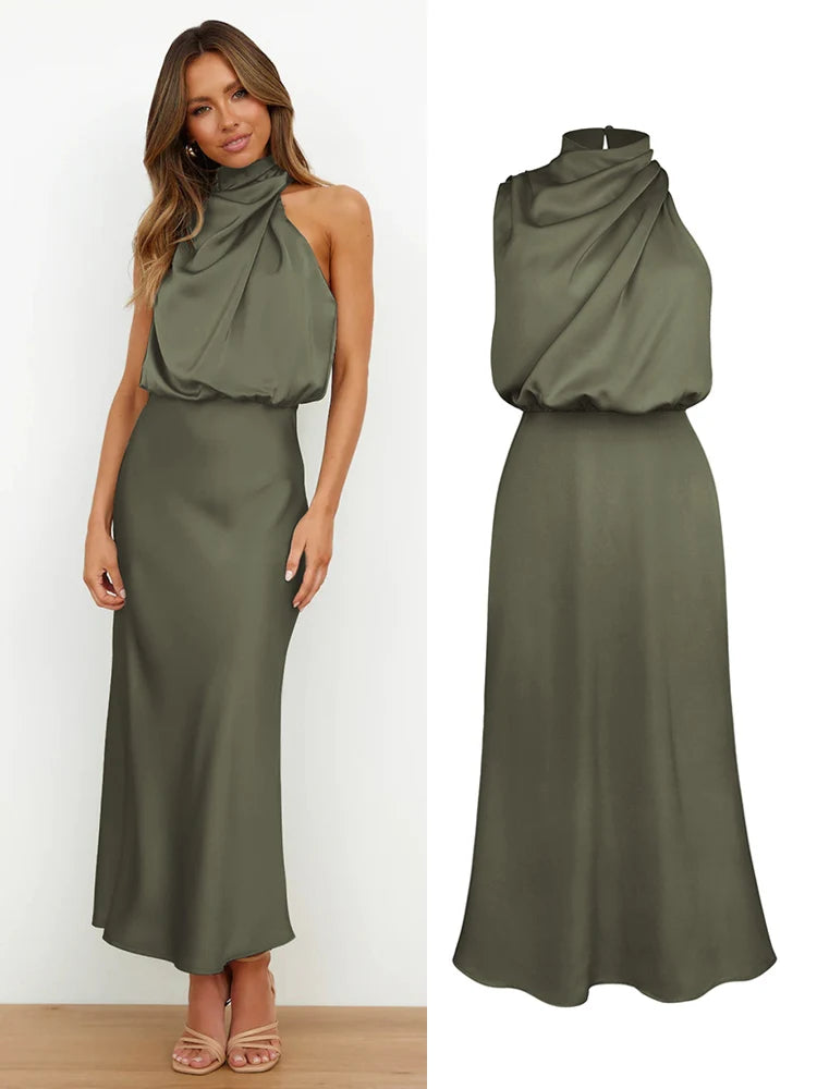Elegant Silk Satin Sleeveless Long Dress for Women