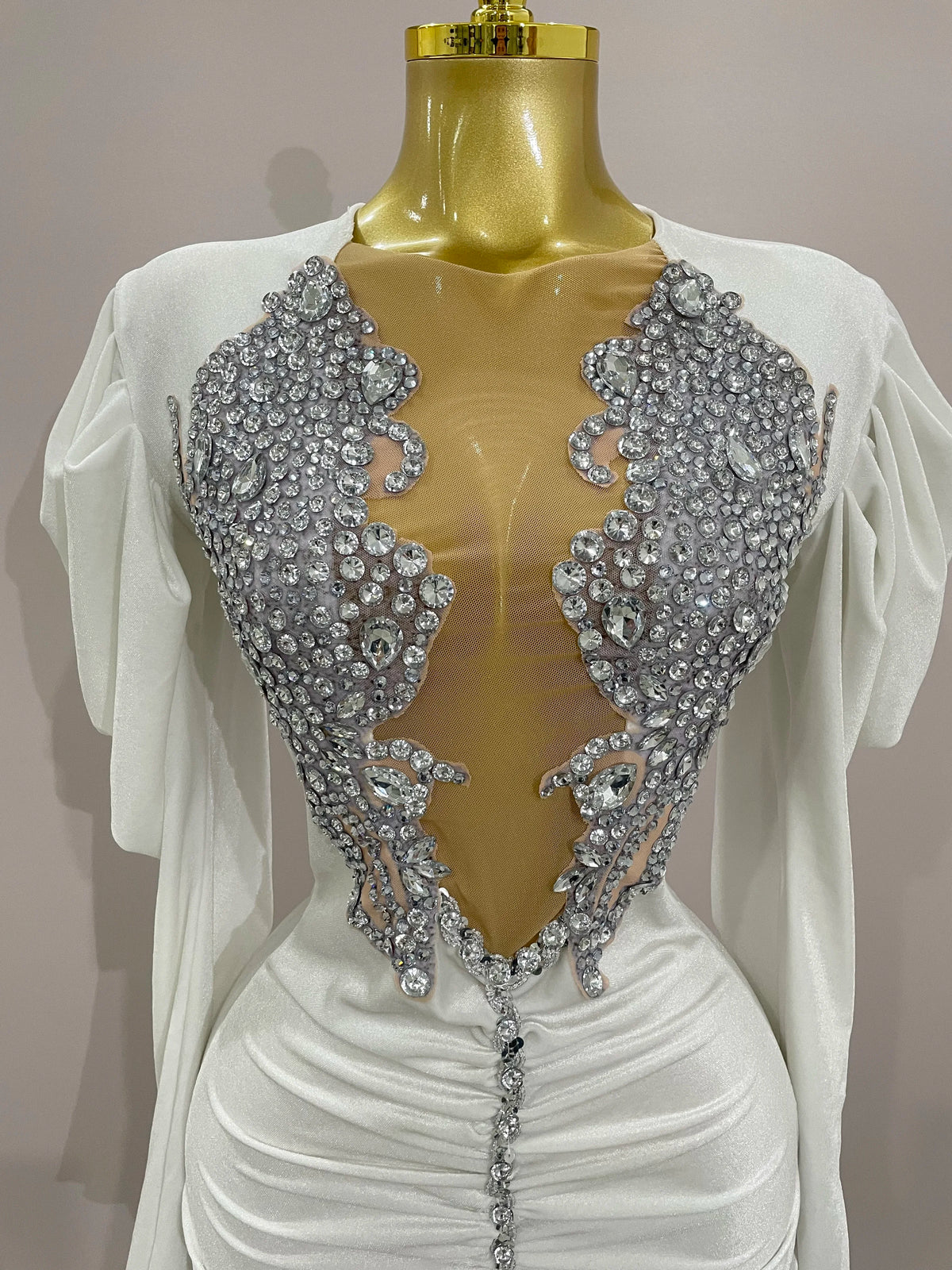 White Velvet Sexy Mesh Short Dress with Crystals