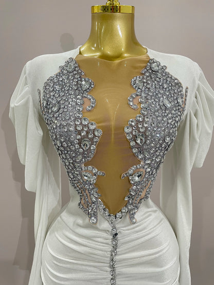 White Velvet Sexy Mesh Short Dress with Crystals