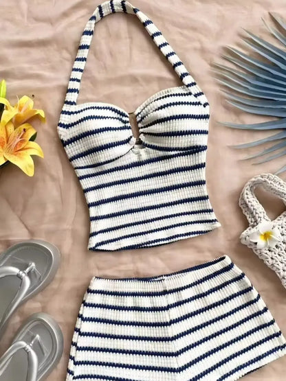 Summer Knit Halter Top and Shorts Set with Stripes