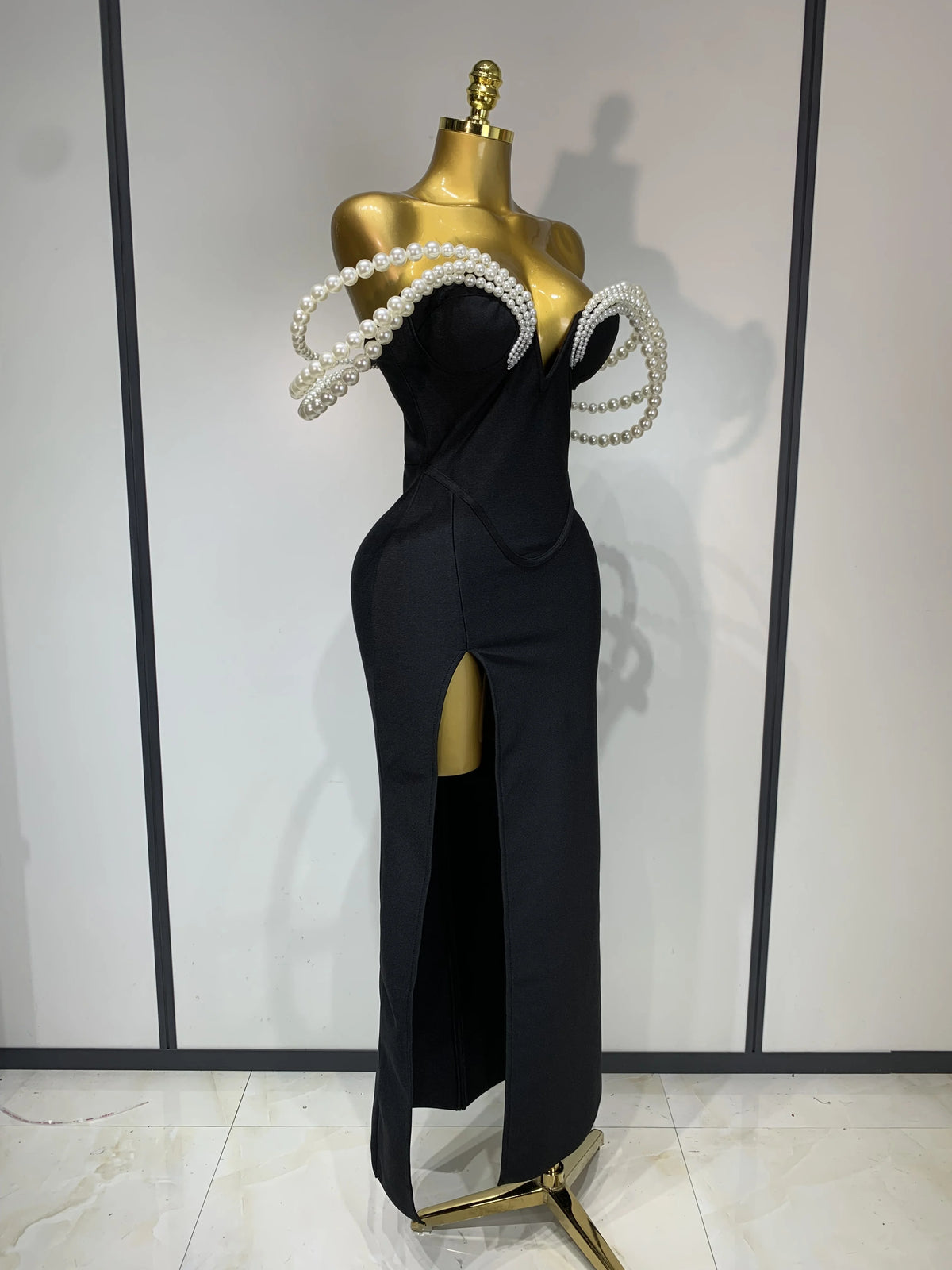 Women V Neck Maxi Bandage Dress with Pearls