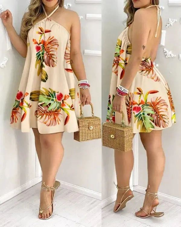 Tropical Leaf Print Halter Neck Mini Dress
