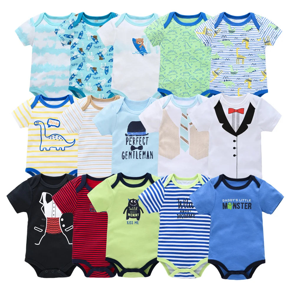 Baby Boy Summer Cotton Bodysuit Set Blue Grey Tie Print