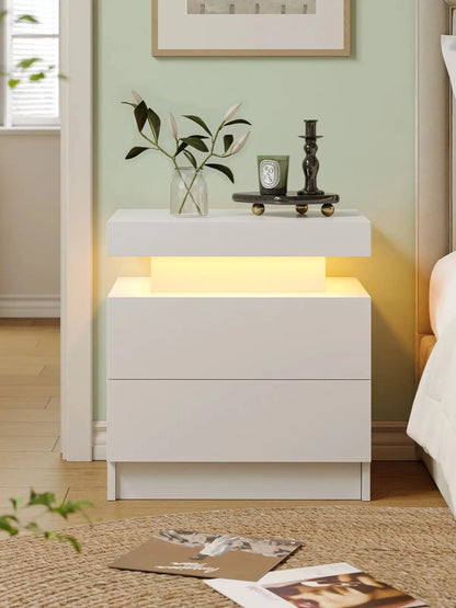 Cubehom White LED Nightstand with 2 Drawers