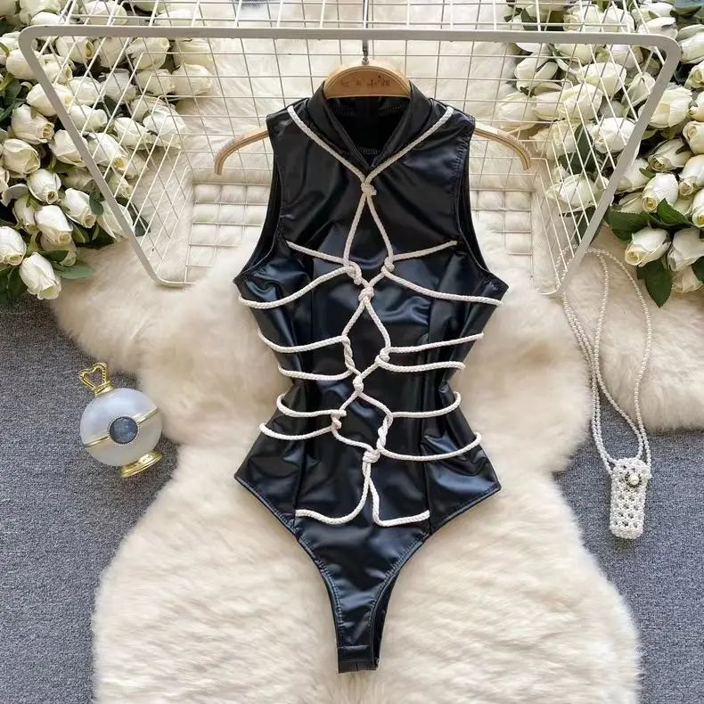 Women Transparent Lace Up Halter Bodysuit Romper