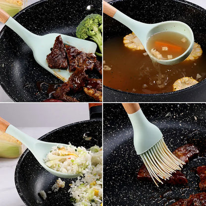 12 Piece Silicone Kitchen Utensils Set with Wooden Handle