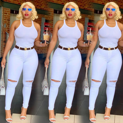 White High Waist Ripped Jeans Slim Stretch Denim Pants