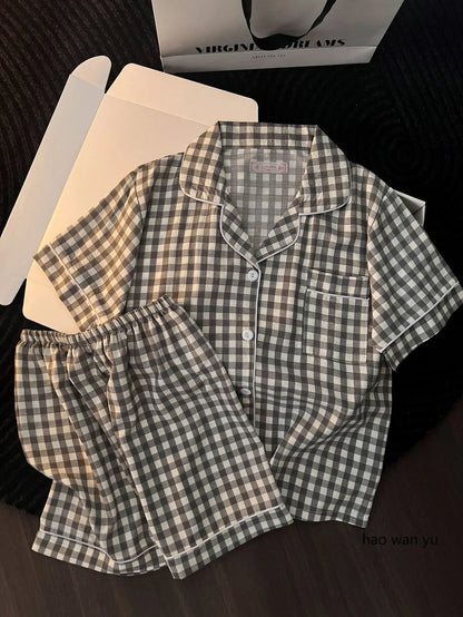 Japanese Minimalist Women's Pink Plaid Pajamas