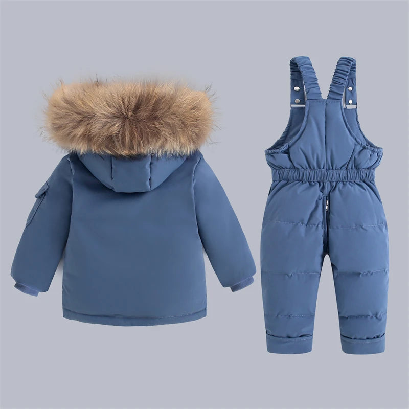 Children's Winter Down Jacket and Jumpsuit Set with Fur Collar