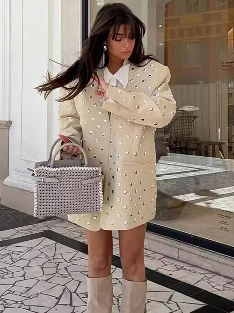 Beige Rivet Decoration Casual Blazer for Women