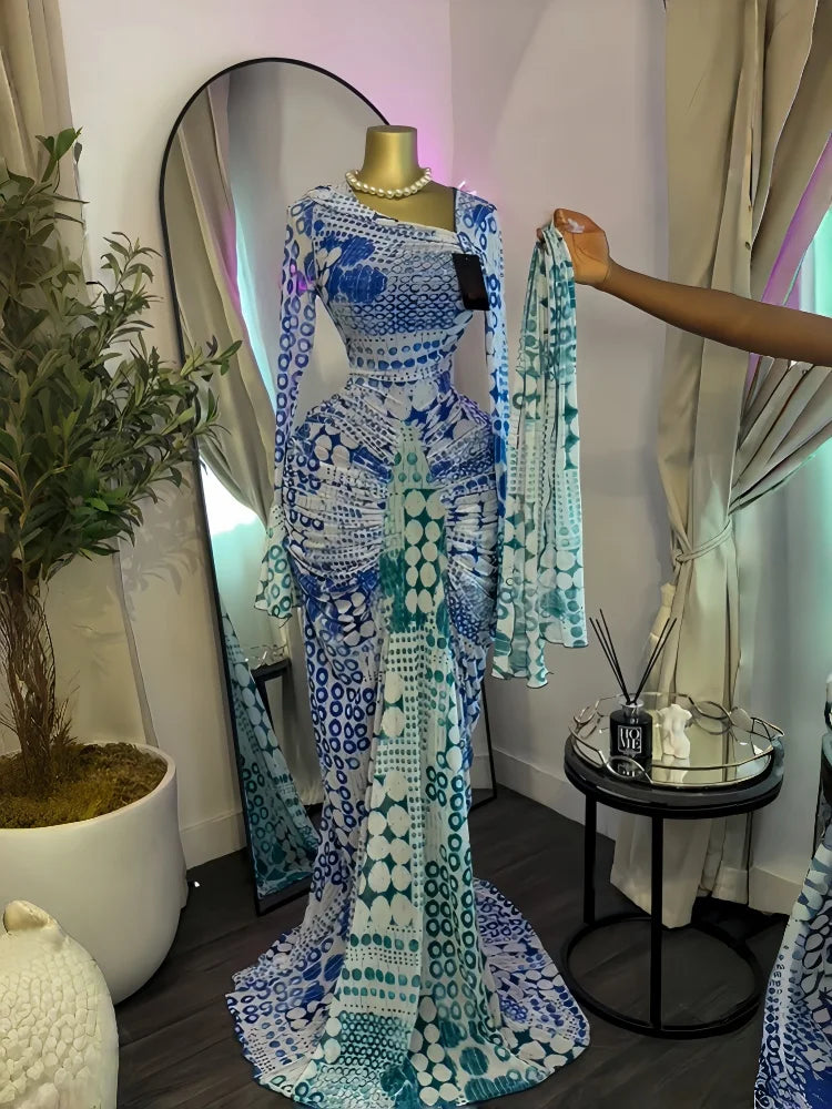 Women Tie Dye Maxi Dress with Skew Neck and Flare Sleeves