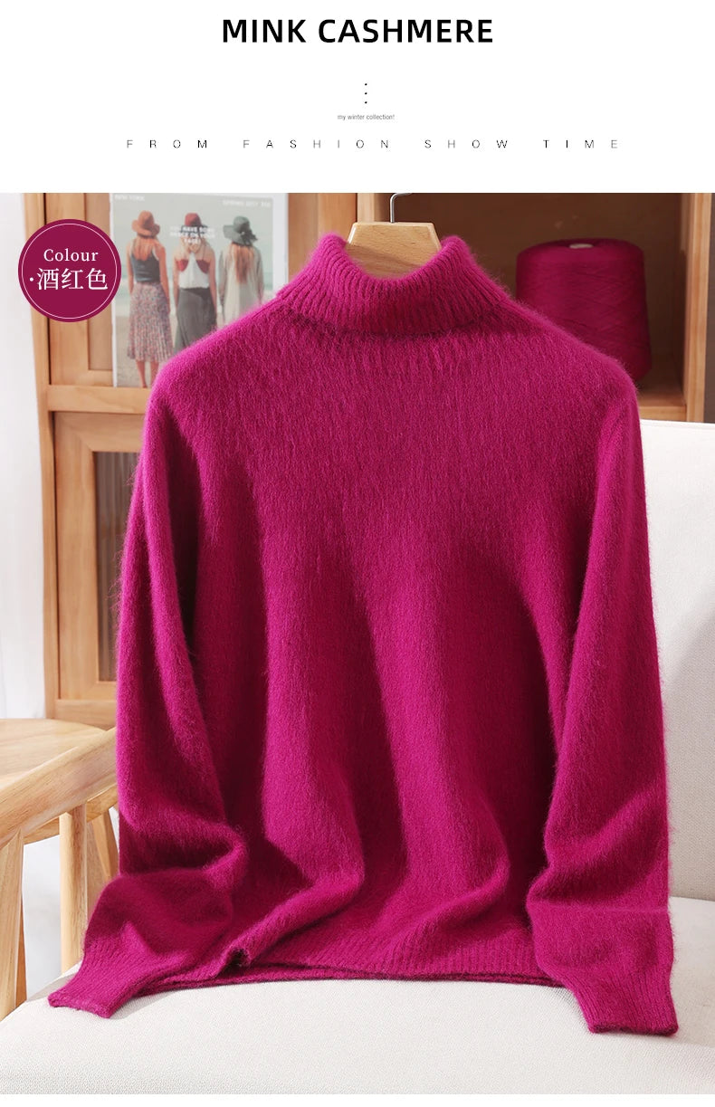 Mink Fur High Collar Pullover Sweater for Women