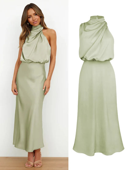 Elegant Silk Satin Sleeveless Long Dress for Women
