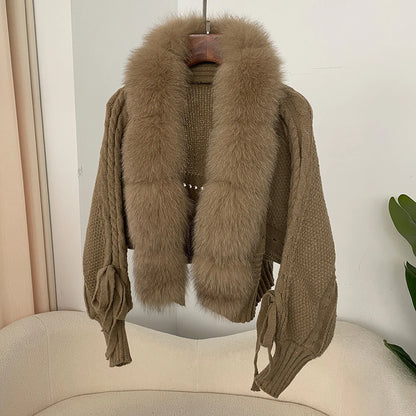 Knitted Cardigan Coat for Women with Real Fox Fur