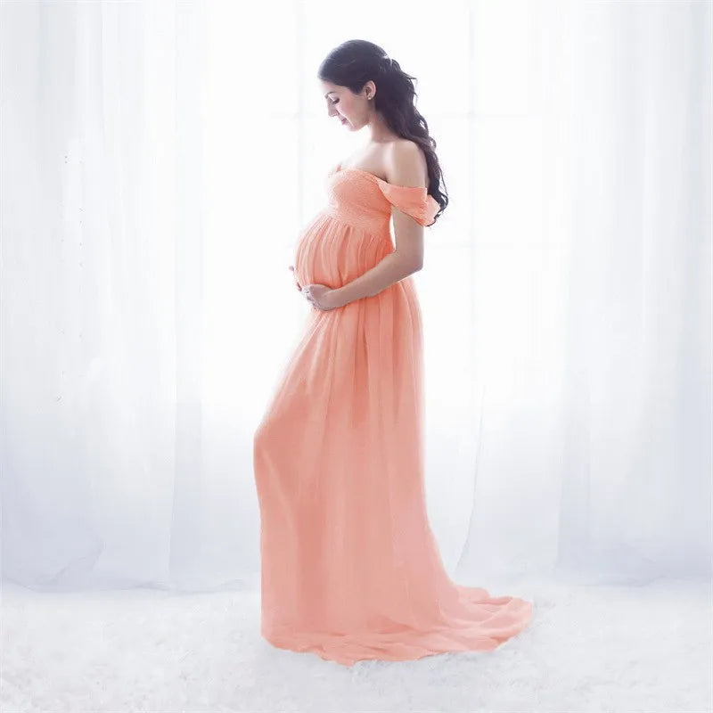 Maternity Lace Chiffon Front Split Dress in Coral Color