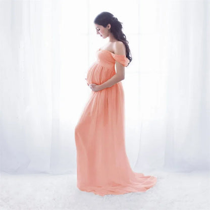 Maternity Lace Chiffon Front Split Dress in Coral Color