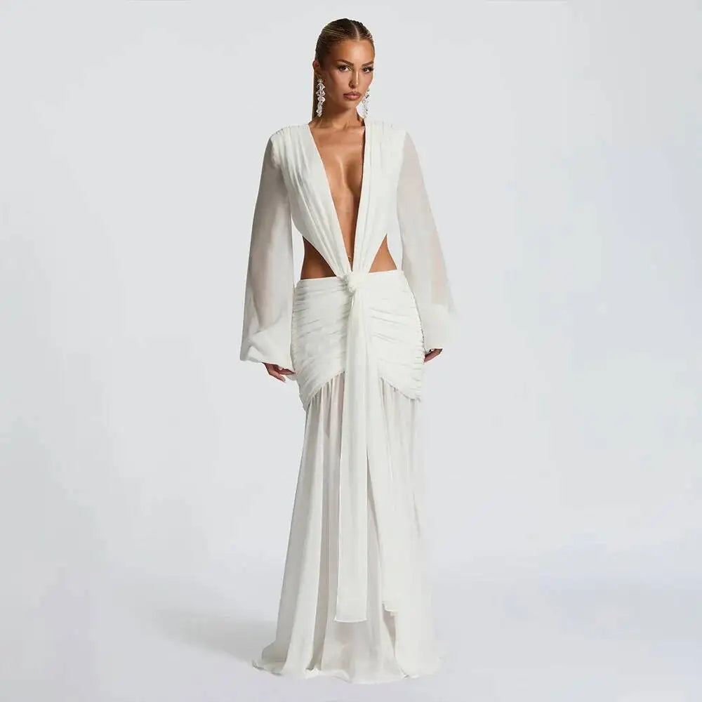 Deep V Hollow Backless Chiffon Maxi Party Dress