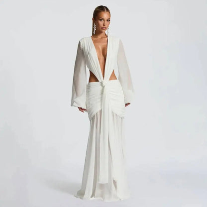 Deep V Hollow Backless Chiffon Maxi Party Dress