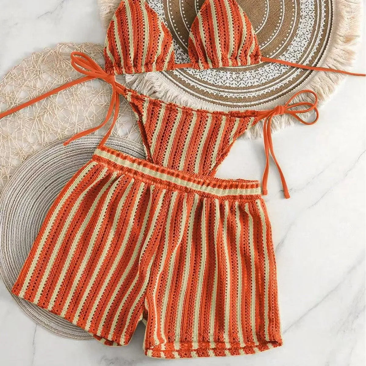 Mesh Three-Piece Women's Swimsuit with Lace-Up Detail