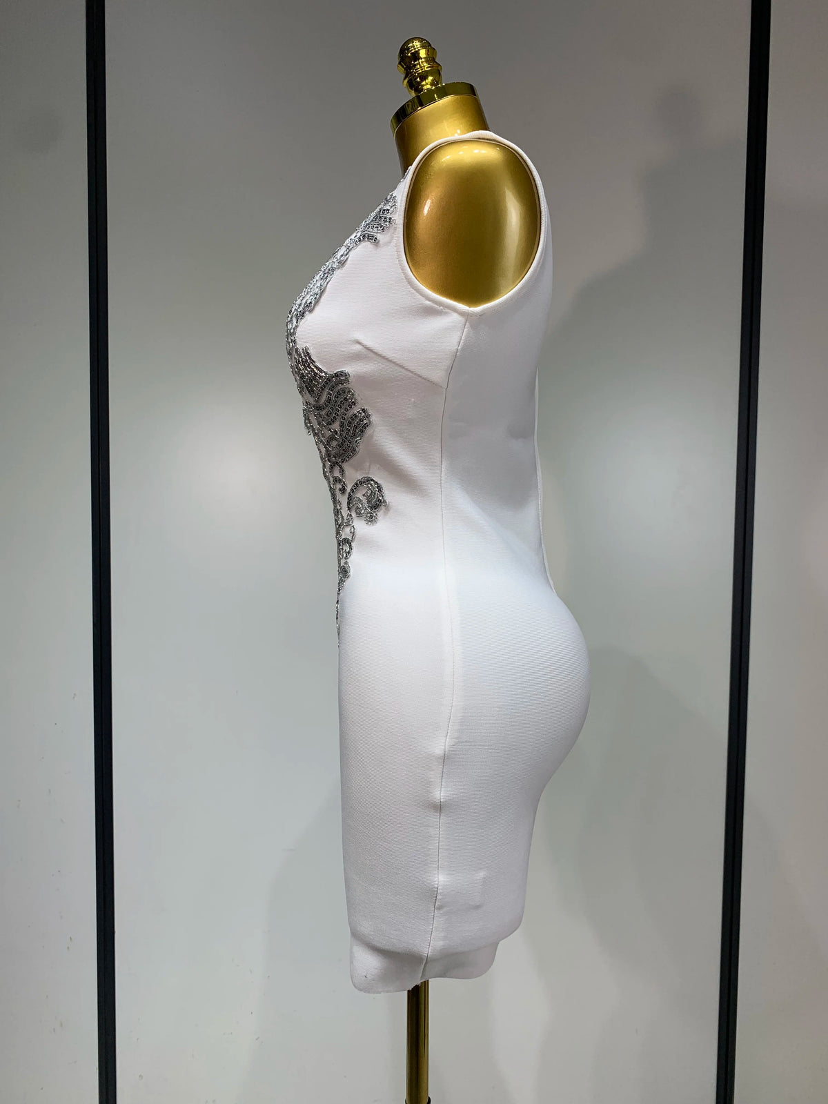 Sexy V Neck Cut Out Bandage Dress Silver Sequin White
