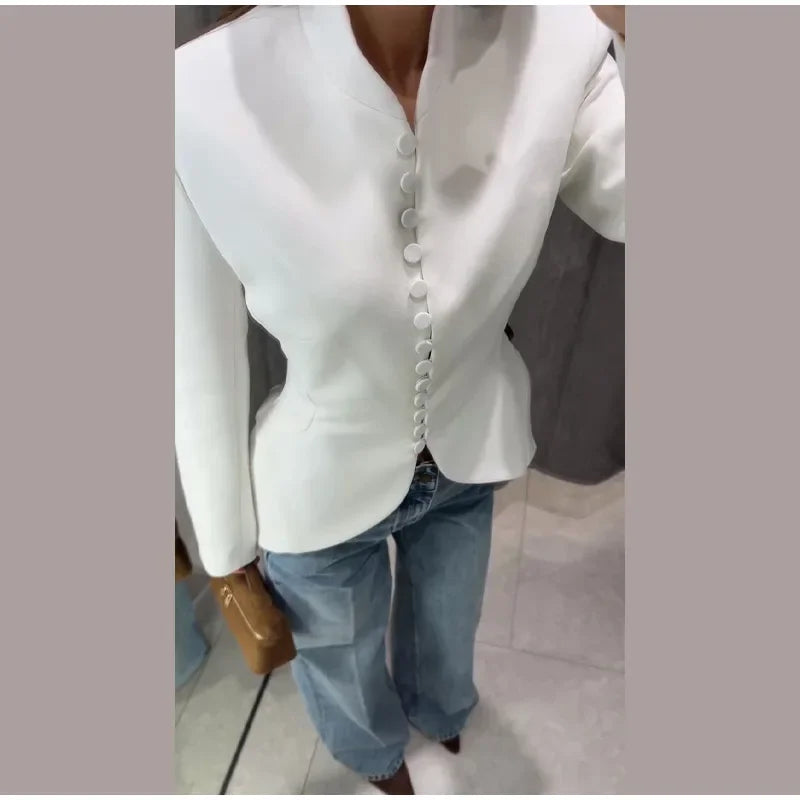 Chic Waist Cinched Women's Blazer Coat with Stand Collar