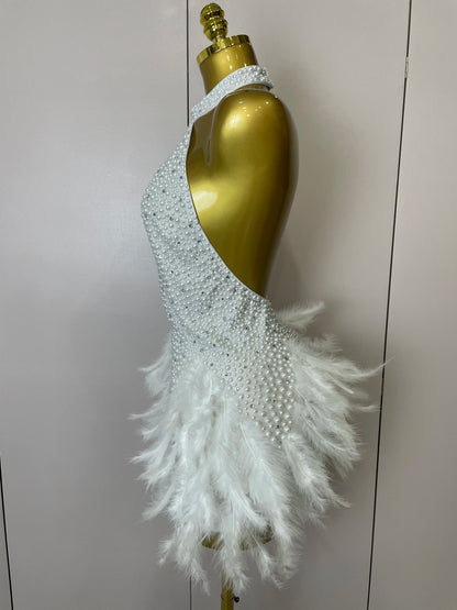 Luxury Rhinestones Pearls Feathers Halter Backless Dress