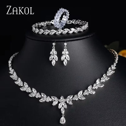 ZAKOL Brilliant Zirconia Leaf Jewelry Set for Women