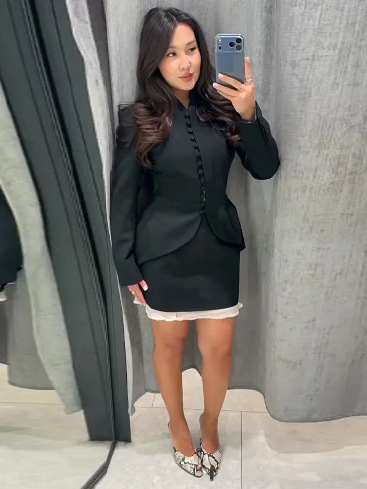 Chic Waist Cinched Women's Blazer Coat with Stand Collar