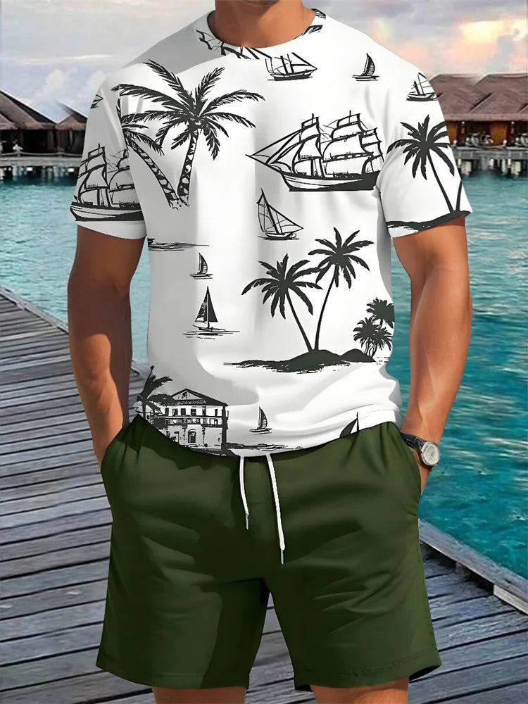 Men's Casual Hawaiian Print T-Shirt and Shorts Set