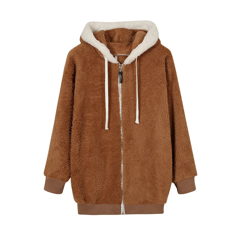 Loose Plush Zipper Hooded Jacket for Women