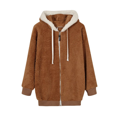 Loose Plush Zipper Hooded Jacket for Women