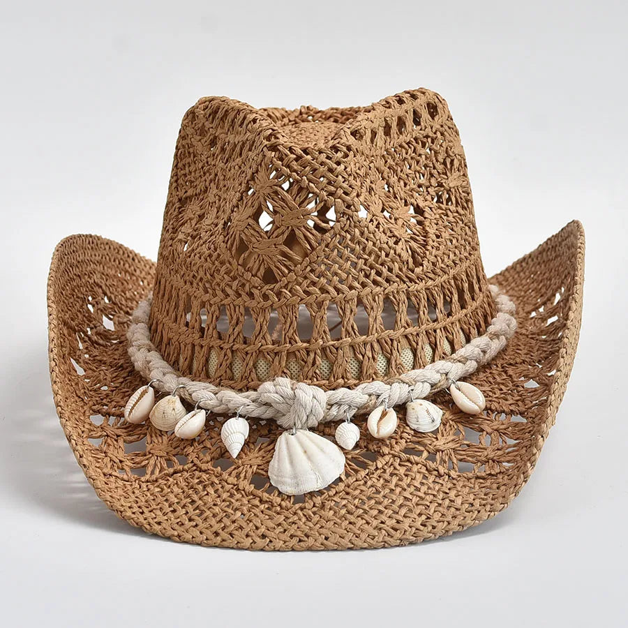 Hand Woven Straw Sun Hat for Women with Shell Decoration