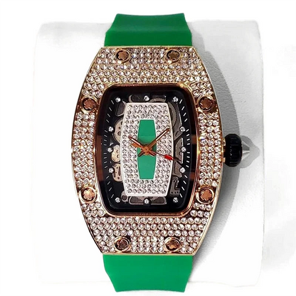 Green Tonneau Quartz Watch for Women with Iced Diamonds