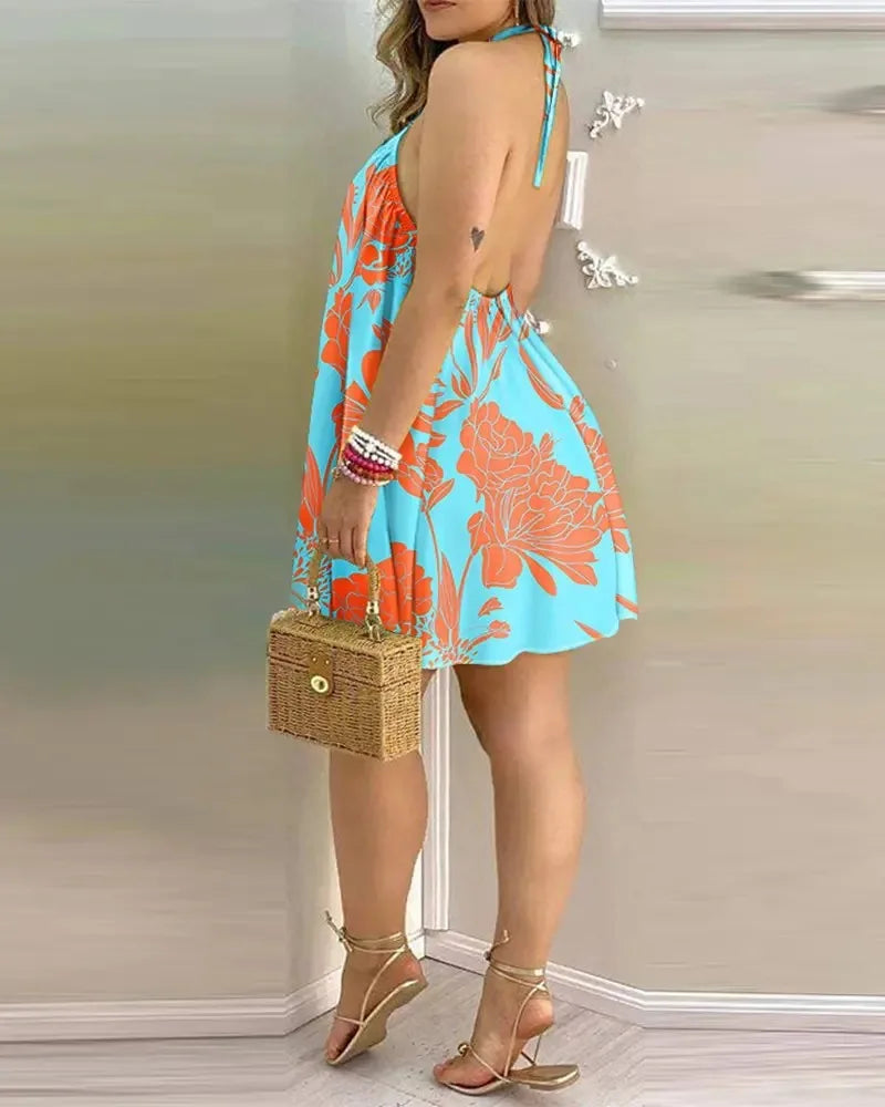 Tropical Leaf Print Halter Neck Mini Dress