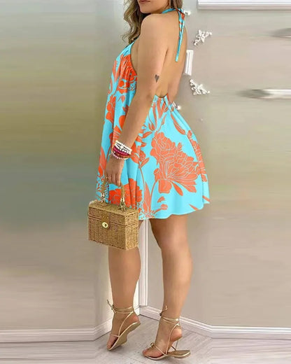 Tropical Leaf Print Halter Neck Mini Dress