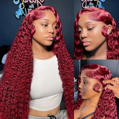 HD Transparent Lace 200 Density Deep Wave Wig 99j Burgundy