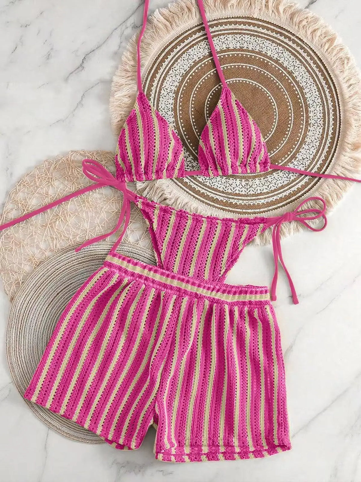 Mesh Three-Piece Women's Swimsuit with Lace-Up Detail