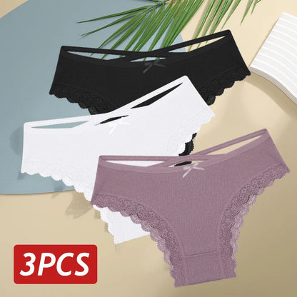 3PCS Women Cotton Lace Brazilian Panties Set S-XL