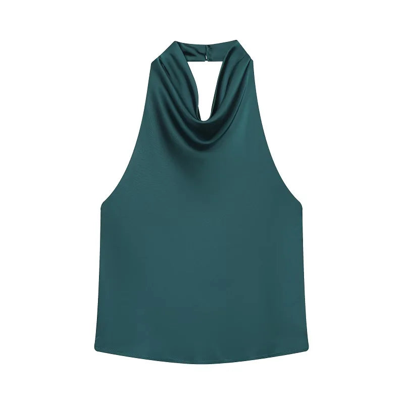 Black Satin Backless Halter Top for Women