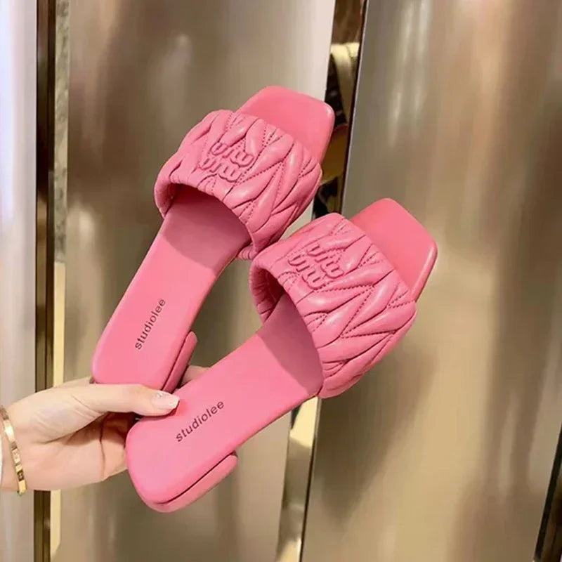 Summer Open Toe Square Toe PU Slippers for Women